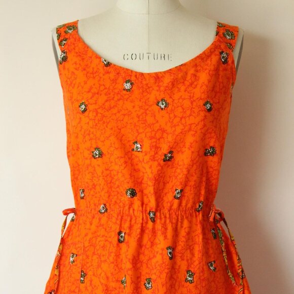 Vintage 1970s 1980s Dress with Pockets, Orange and Black Floral Print Sundress, - Picture 3 of 10